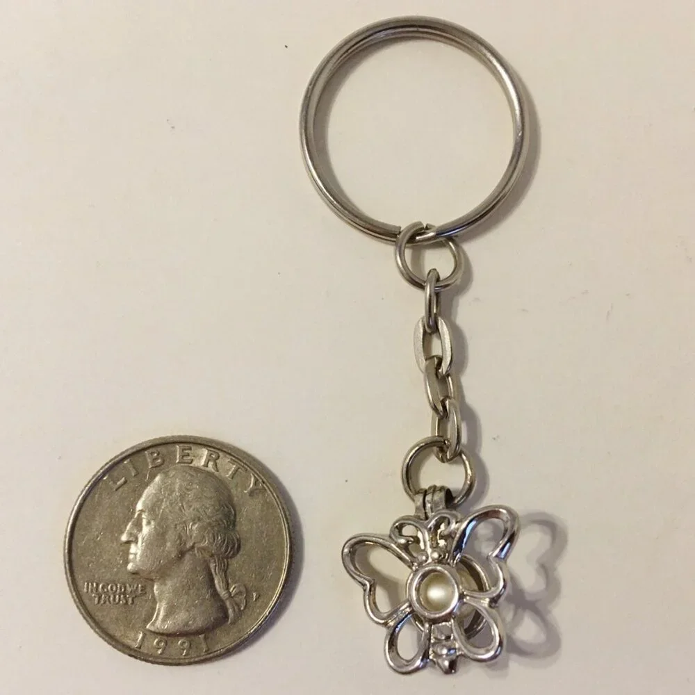 Butterfly Key Chain Silver Tone Metal Cage White Pearl Stone 3D Ring Charm Fob